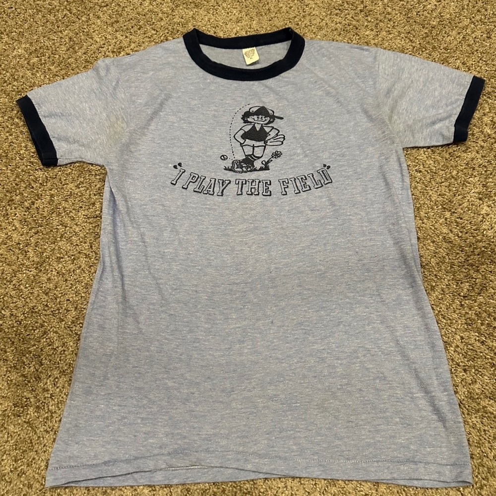 Vintage Unbranded Mens Ringer T-Shirt XL Blue I Play The Field Preowned Stains
